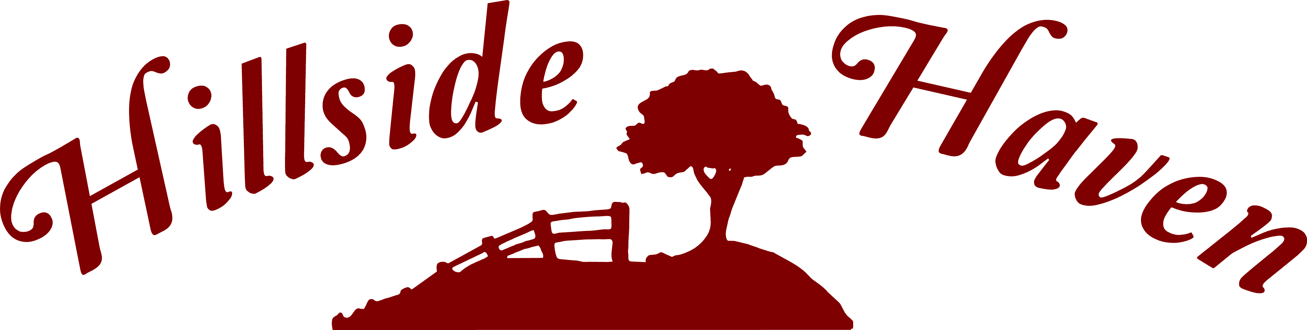 Logo of "Hillside Haven" featuring stylized red text. In the center, a silhouette of a tree and fence on a small hill is depicted. The text arches around the hill design.